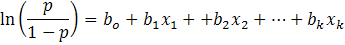  ln(p/(1-p)) = B0 + B1*x1 + B2*x2 + ... + Bn*xn